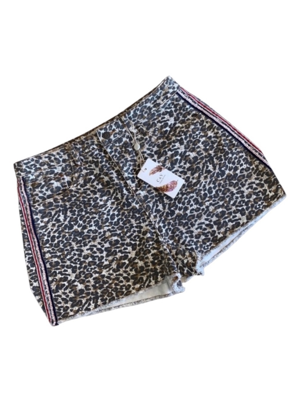 CHELSEA & VIOLET Leopard jean shorts frayed hem ribbon trim pockets 29 NWY